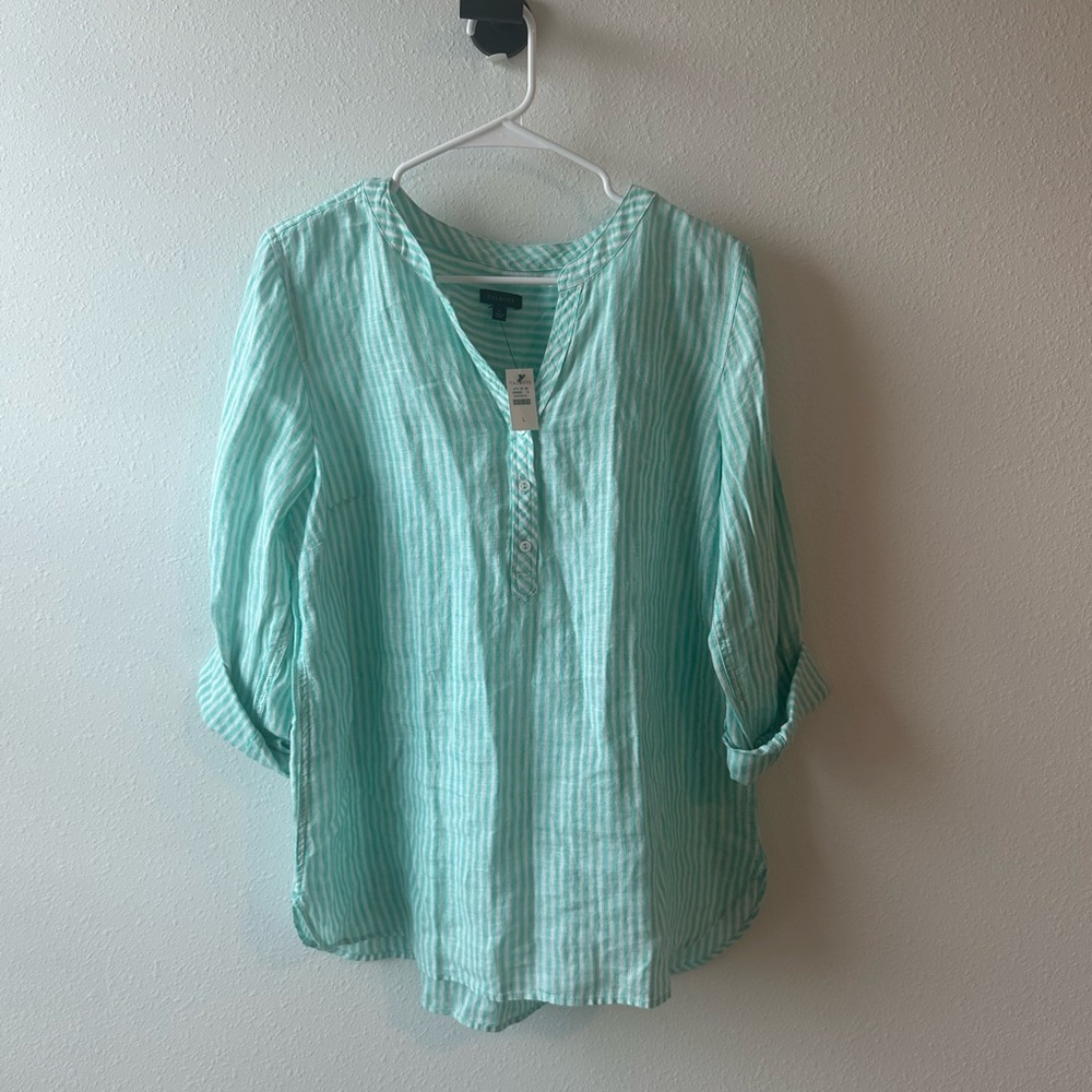 Talbots Light Green Striped Linen Blouse